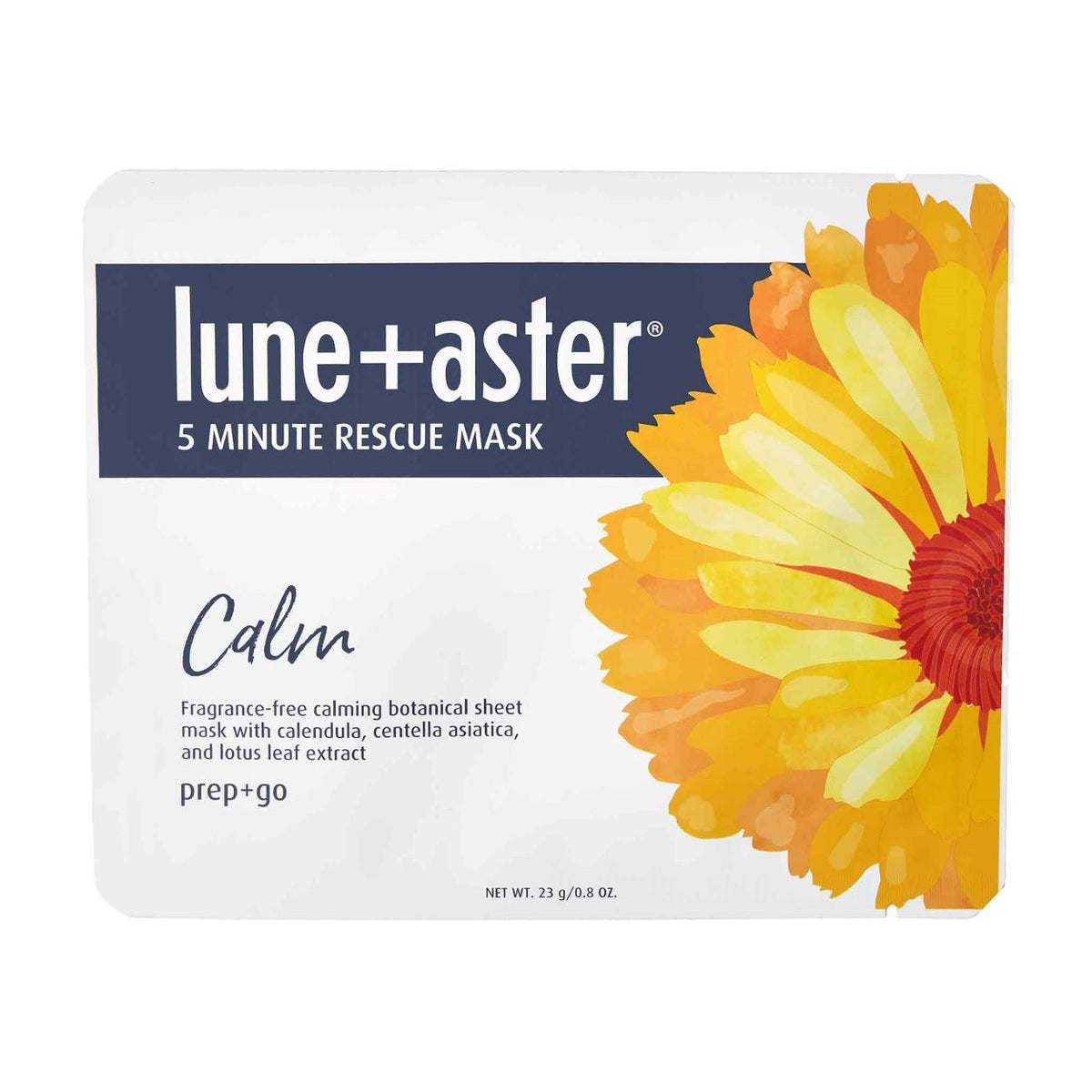 Flat, rectangular pouch of a Lune+Aster 5 Minute Rescue Mask Calm, featuring a large yellow and orange flower illustration on the right side and text on the left intended to reduce the appearance of aggravated skin.
