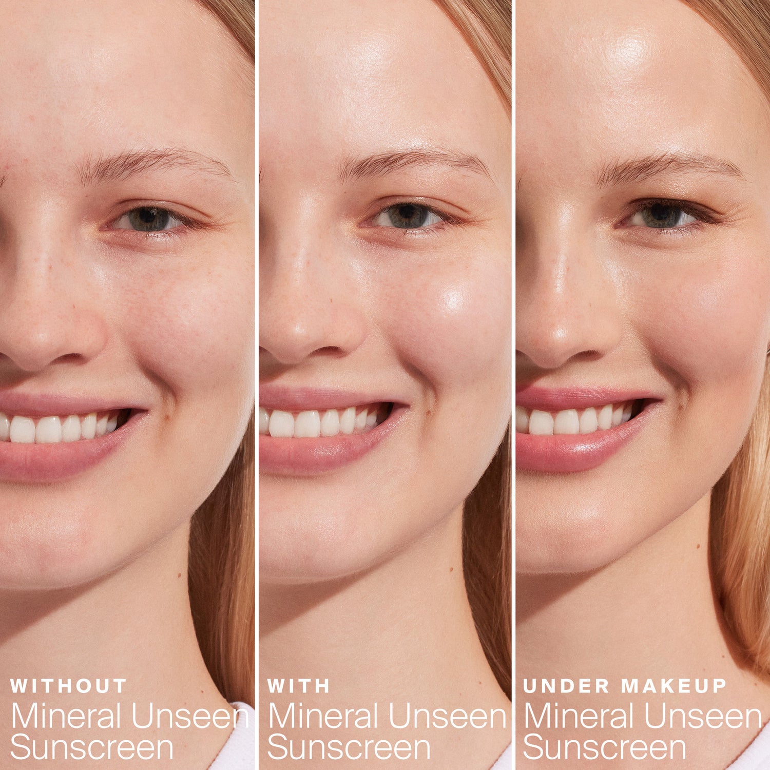 Before and after results of using Supergoop! Mineral Unseen Sunscreen SPF 40