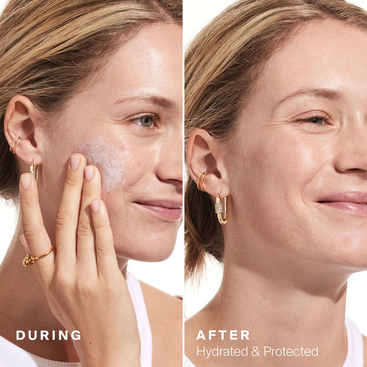 Before and after results of using Supergoop! Triple Prep Weightless Daily Moisturizer SPF 40