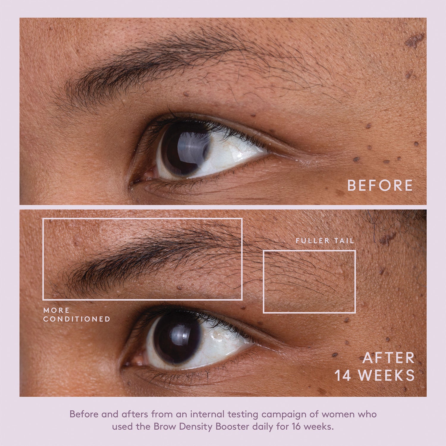 Before and after results of using Virtue Flourish Brow Density Booster