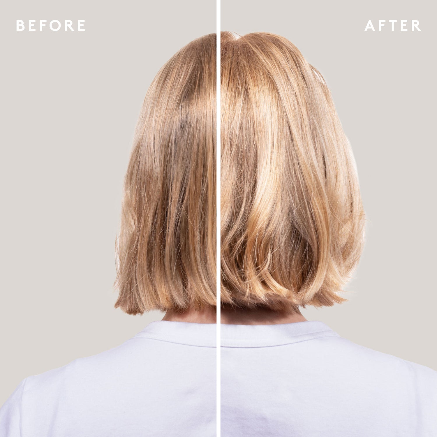 Before and after results of using Virtue Flourish Thickening Styling Treatment