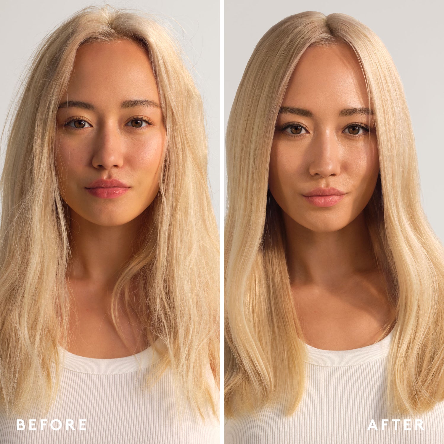 Before and after results of using Virtue Strength & Shield Leave-in Conditioner