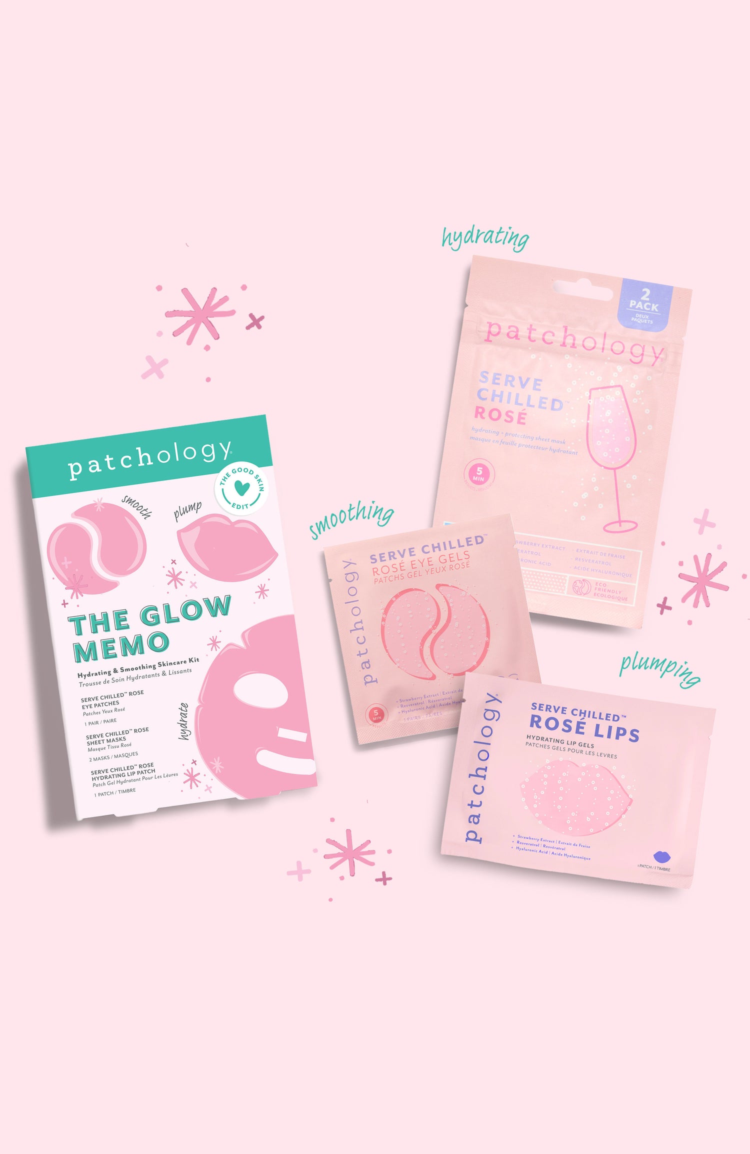 Top-view image of Patchology The Glow Memo Hydrating & Smoothing Skincare Kit