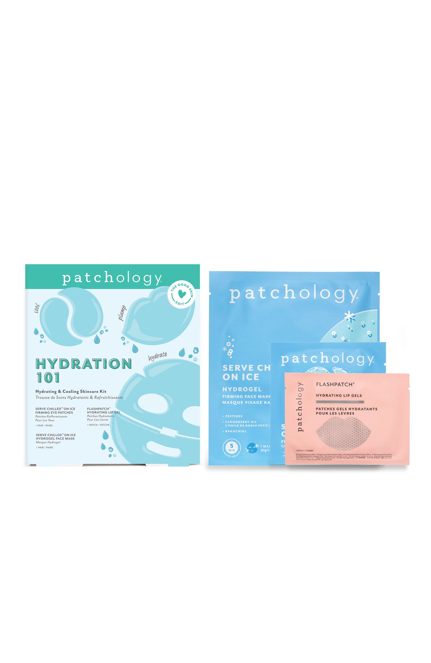 Image of an open Patchology Hydration 1.O.1. Hydrating & Cooling Skincare Kit