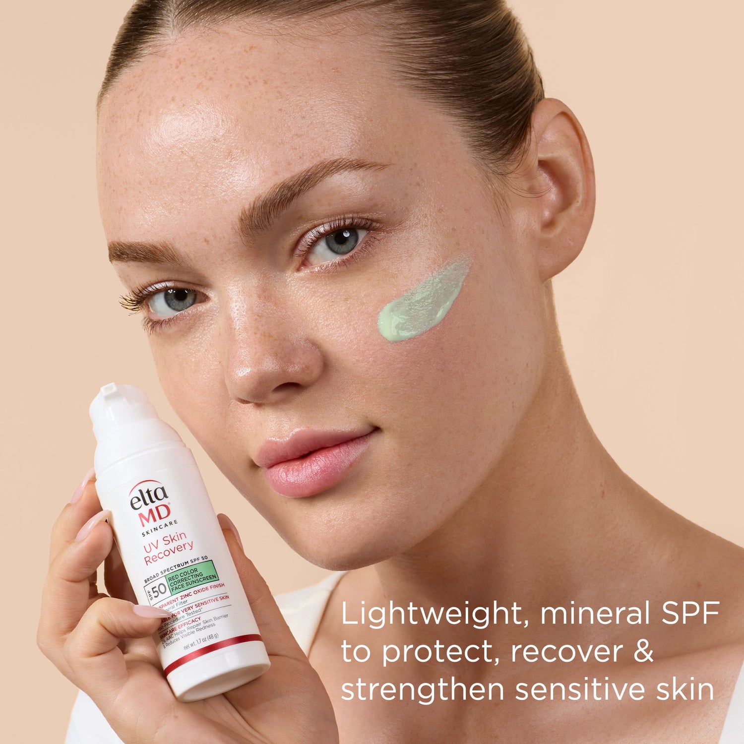 Model image of EltaMD UV Skin Recovery Red Color Correcting Green Tint Broad Spectrum SPF 50