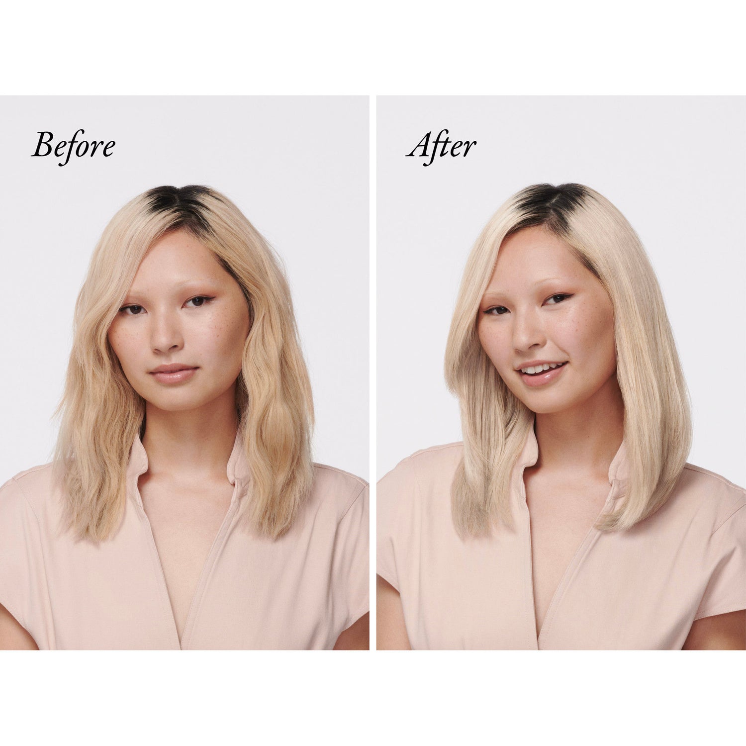 Before and after results of using Oribe Bright Blonde Radiance & Repair Treatment
