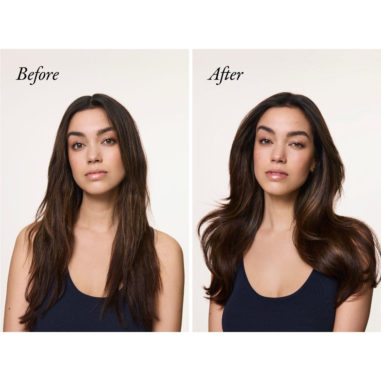 Before and after results of using Oribe Mirror Rinse Glass Hair Treatment