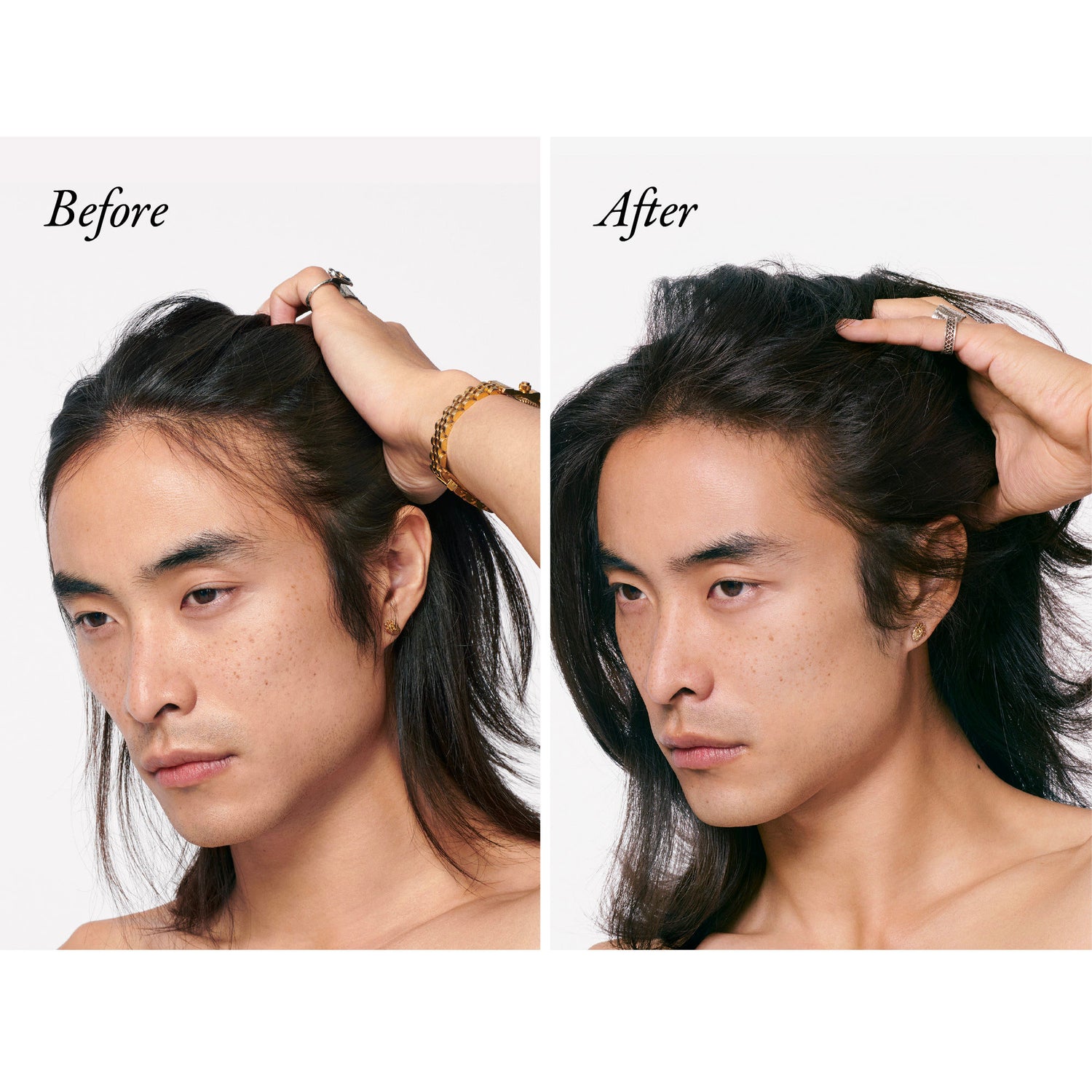 Before and after results of using Oribe Serene Scalp Densifying Shampoo