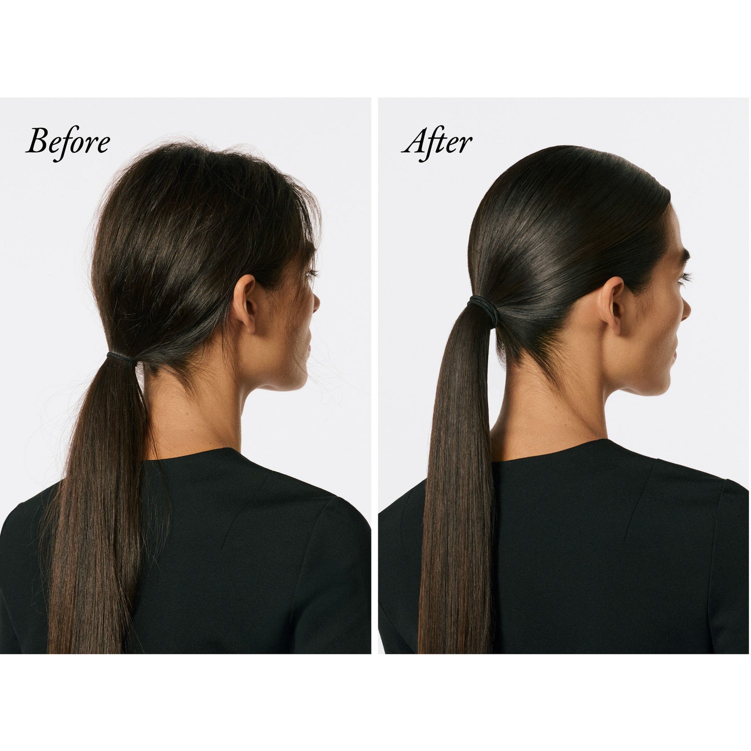 Before and after results of using Oribe Supershine Smoothing Wax Stick