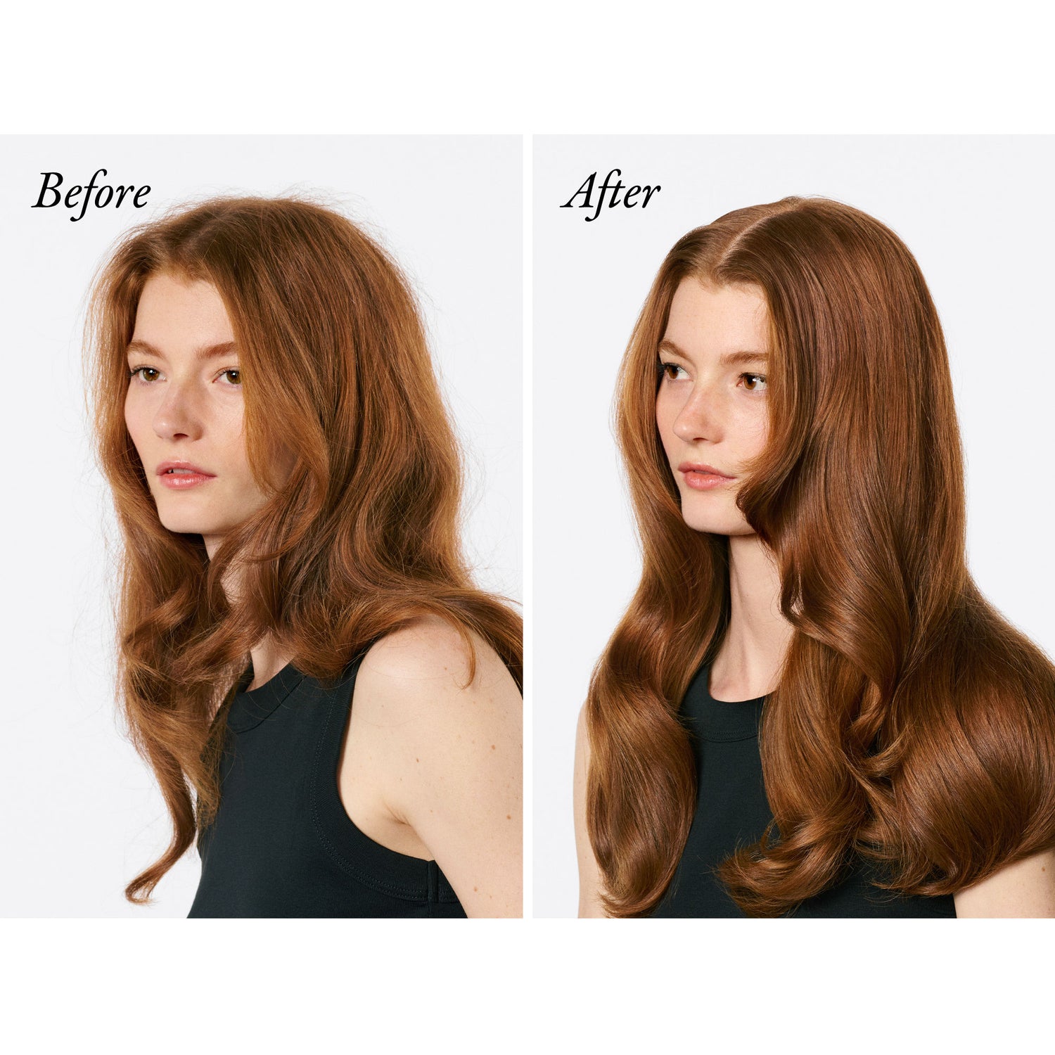 Before and after results of using Oribe Supershine Smoothing Wax Stick