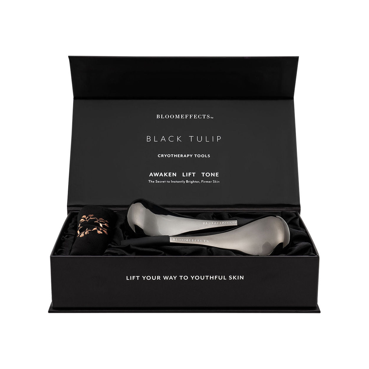 Image of an open Bloomeffects Black Tulip Cryotherapy Tools