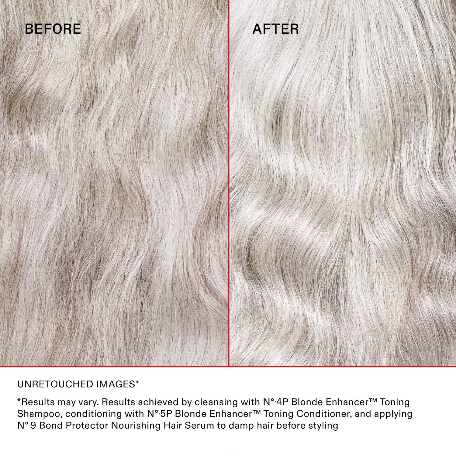 Before and after results of using Olaplex No.4P Blonde Hair Hydrating & Brightening Purple Toning Shampoo