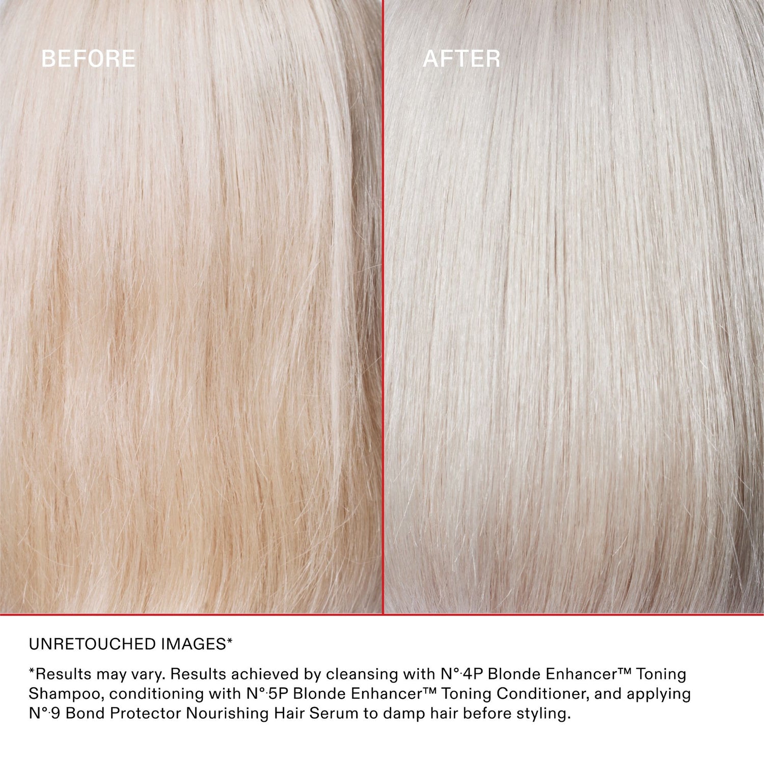Before and after results of using Olaplex No.4P Blonde Hair Hydrating & Brightening Purple Toning Shampoo