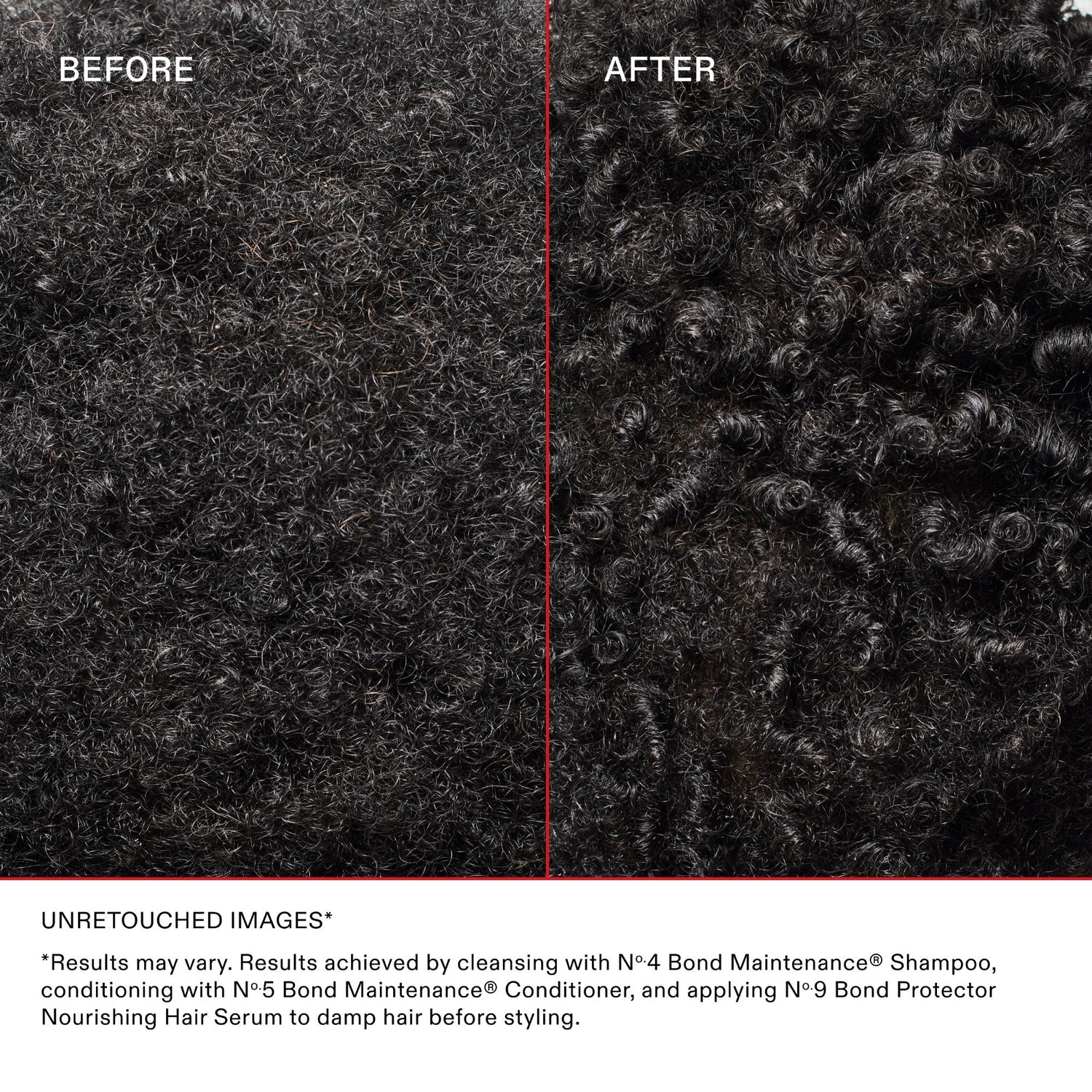 Before and after results of using Olaplex No. 9 Bond Protector Nourishing Hair Serum