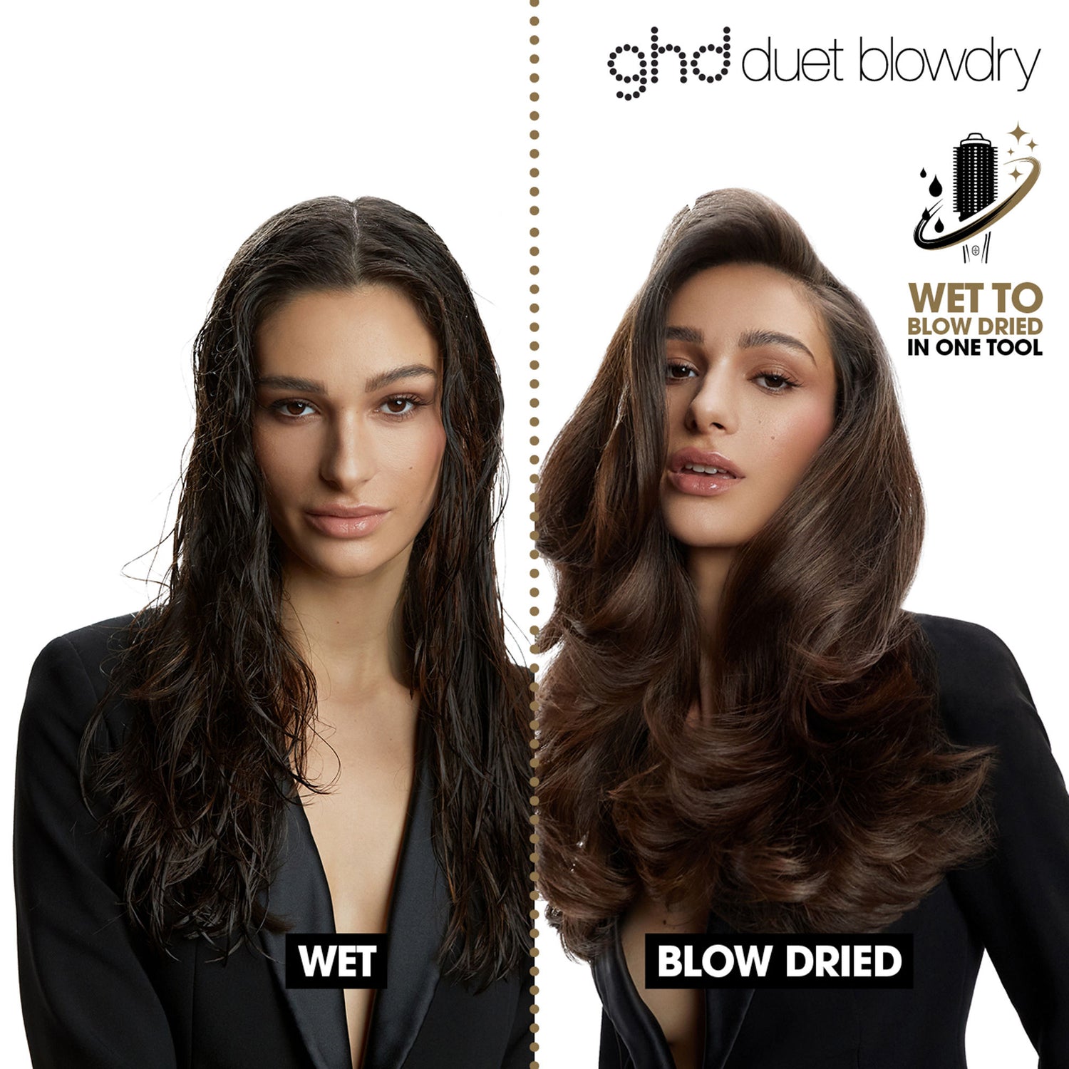 Before and after results of using GHD Duet Blowdry Brush