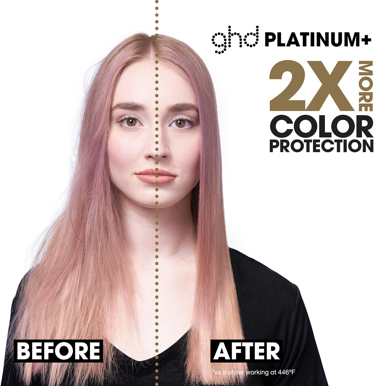 Before and after results of using GHD Platinum + Styler 1" Flat Iron