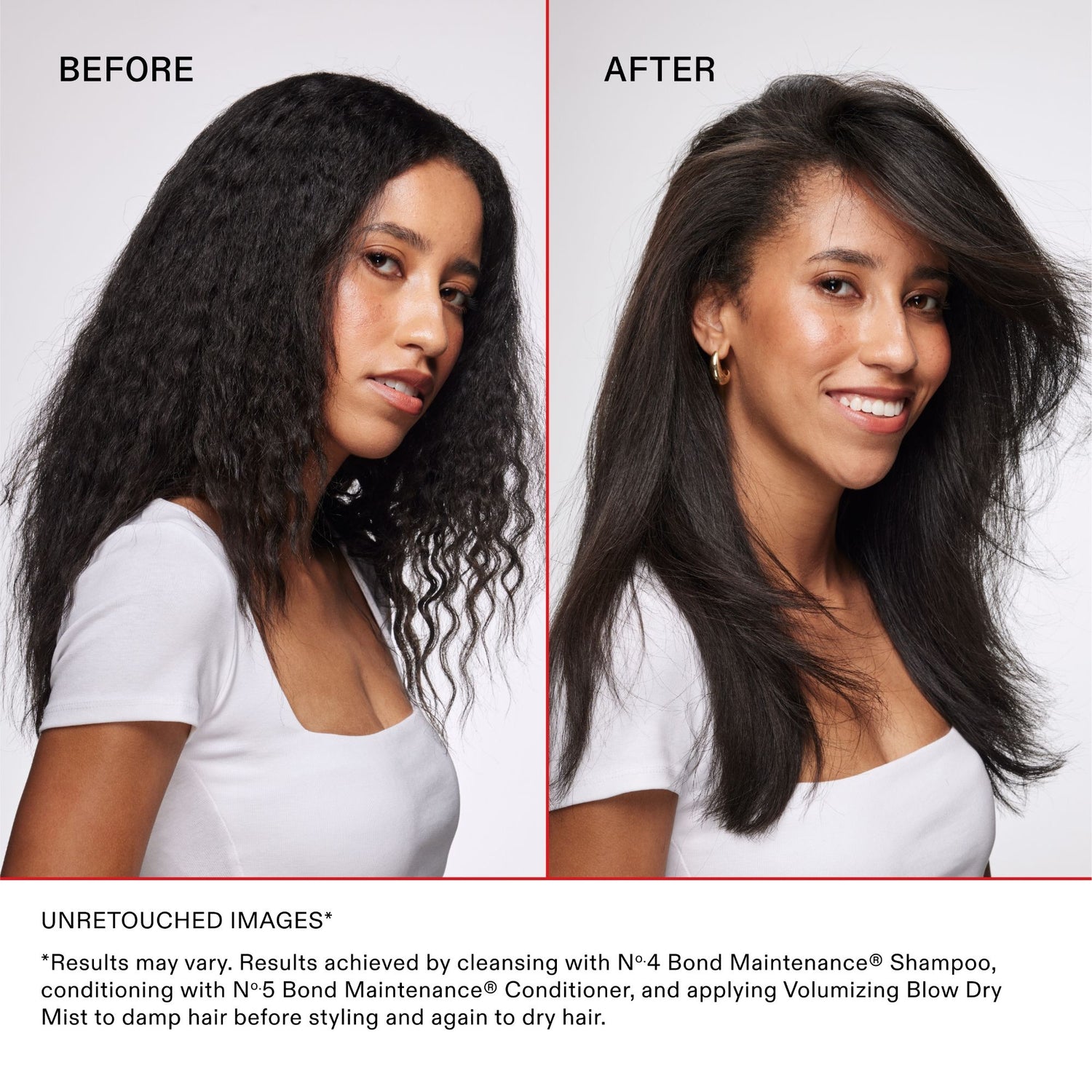 Before and after results of using Olaplex Volumizing Hair Heat Protective Weightless Blowout Mist