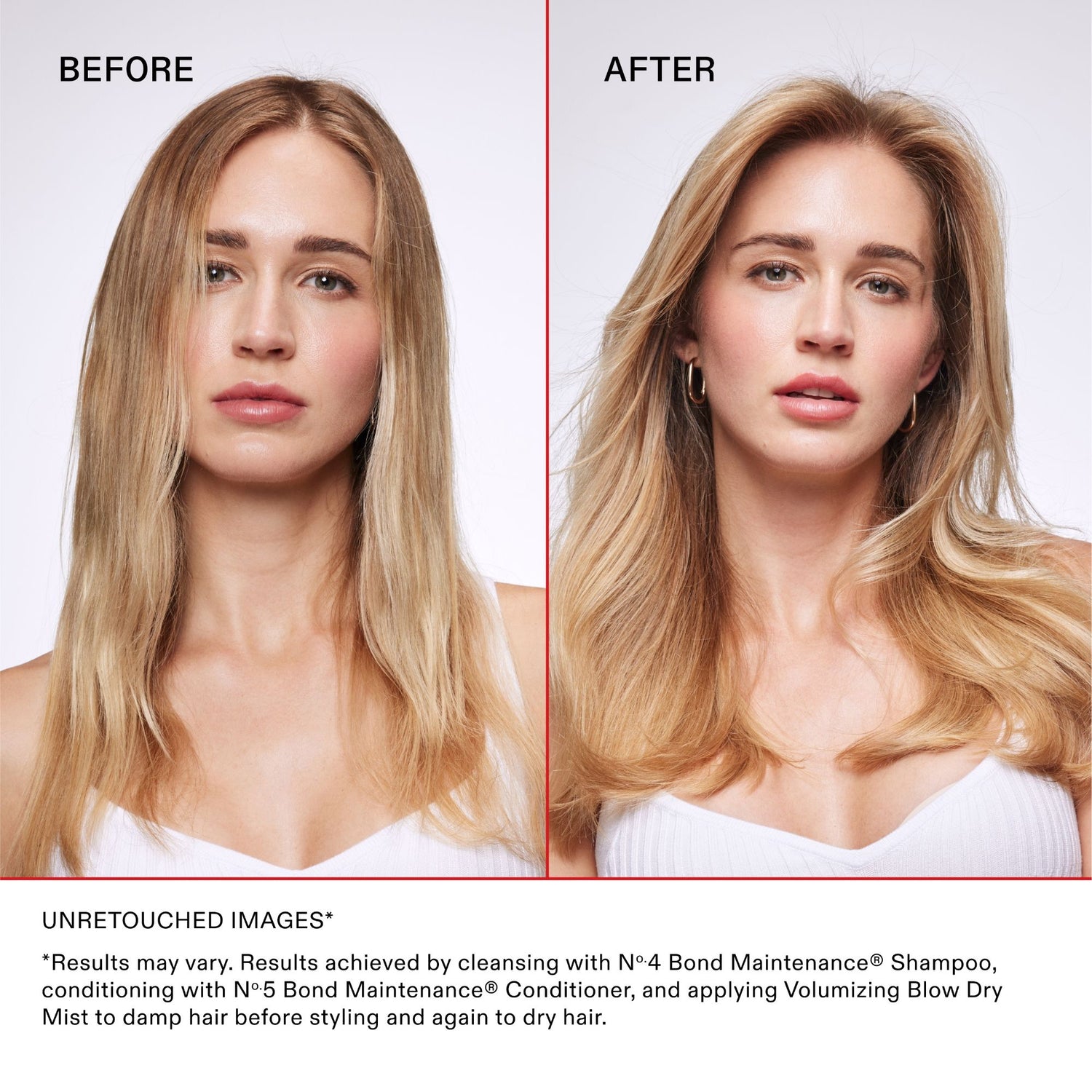 Before and after results of using Olaplex Volumizing Hair Heat Protective Weightless Blowout Mist