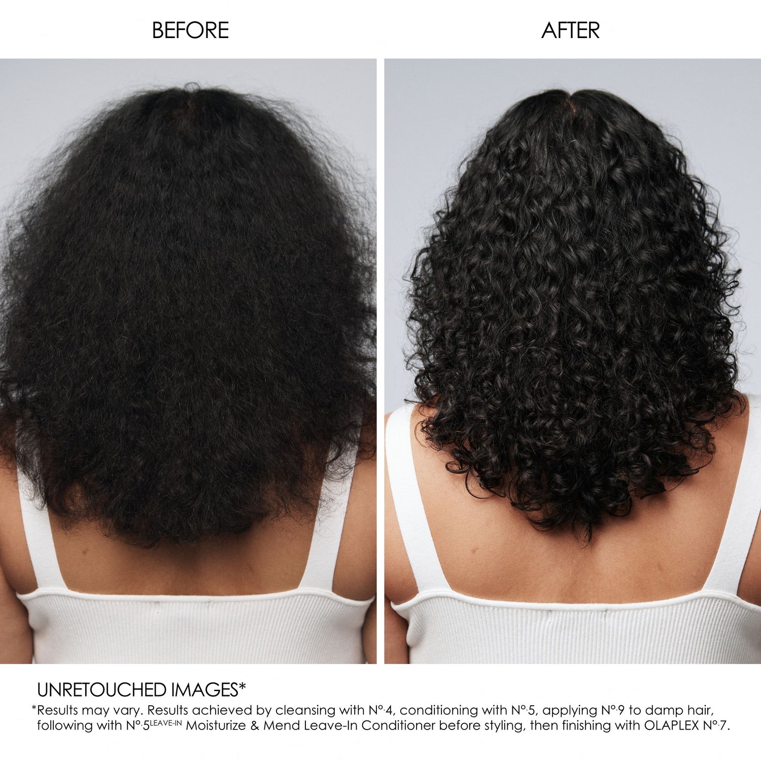 Before and after results of using Olaplex No.5L Moisturize & Mend Leave-In Conditioner