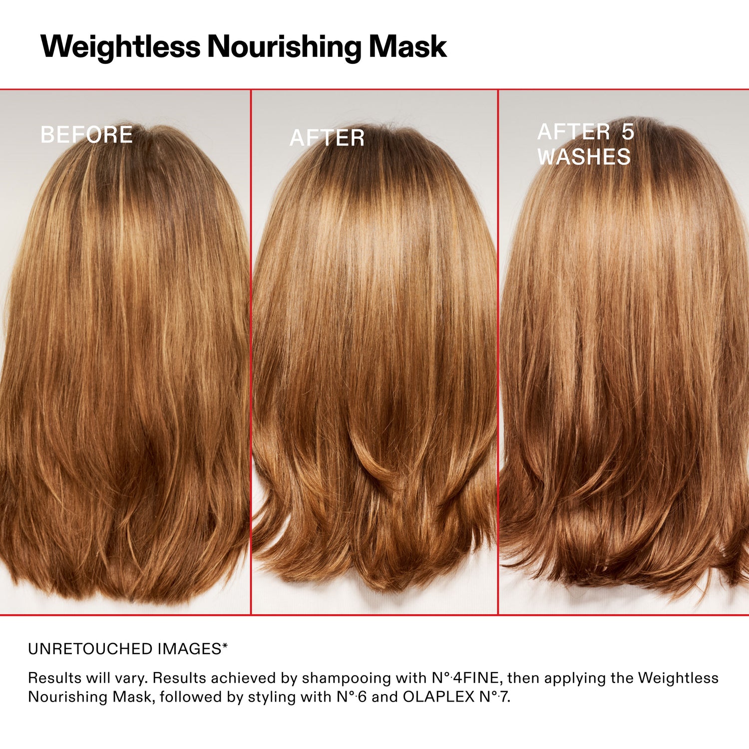 Before and after results of using Olaplex Weightless Volumizing Hydration Hair Mask for Fine Hair