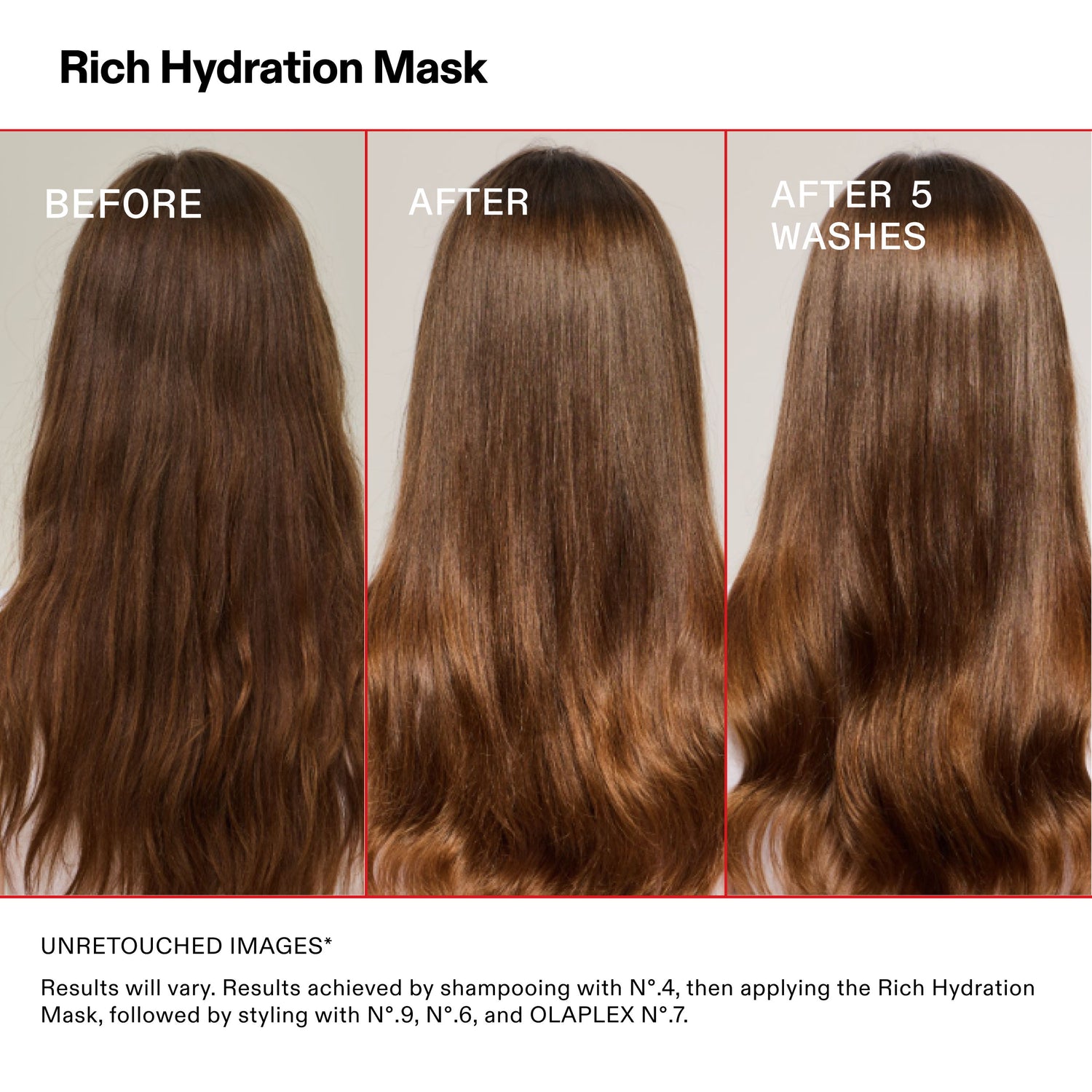 Before and after results of using Olaplex Rich Moisture Hydration and Anti-Frizz Hair Mask