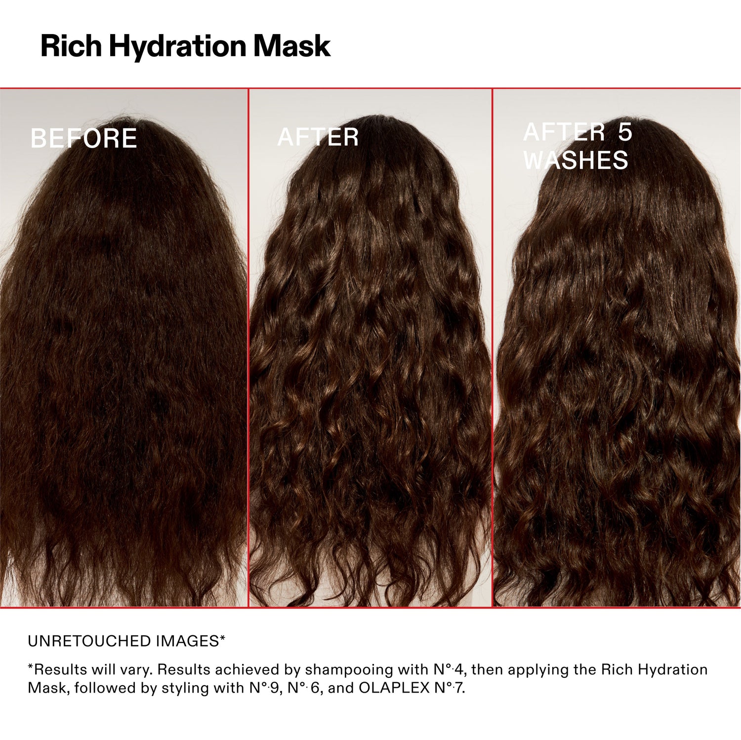 Before and after results of using Olaplex Rich Moisture Hydration and Anti-Frizz Hair Mask
