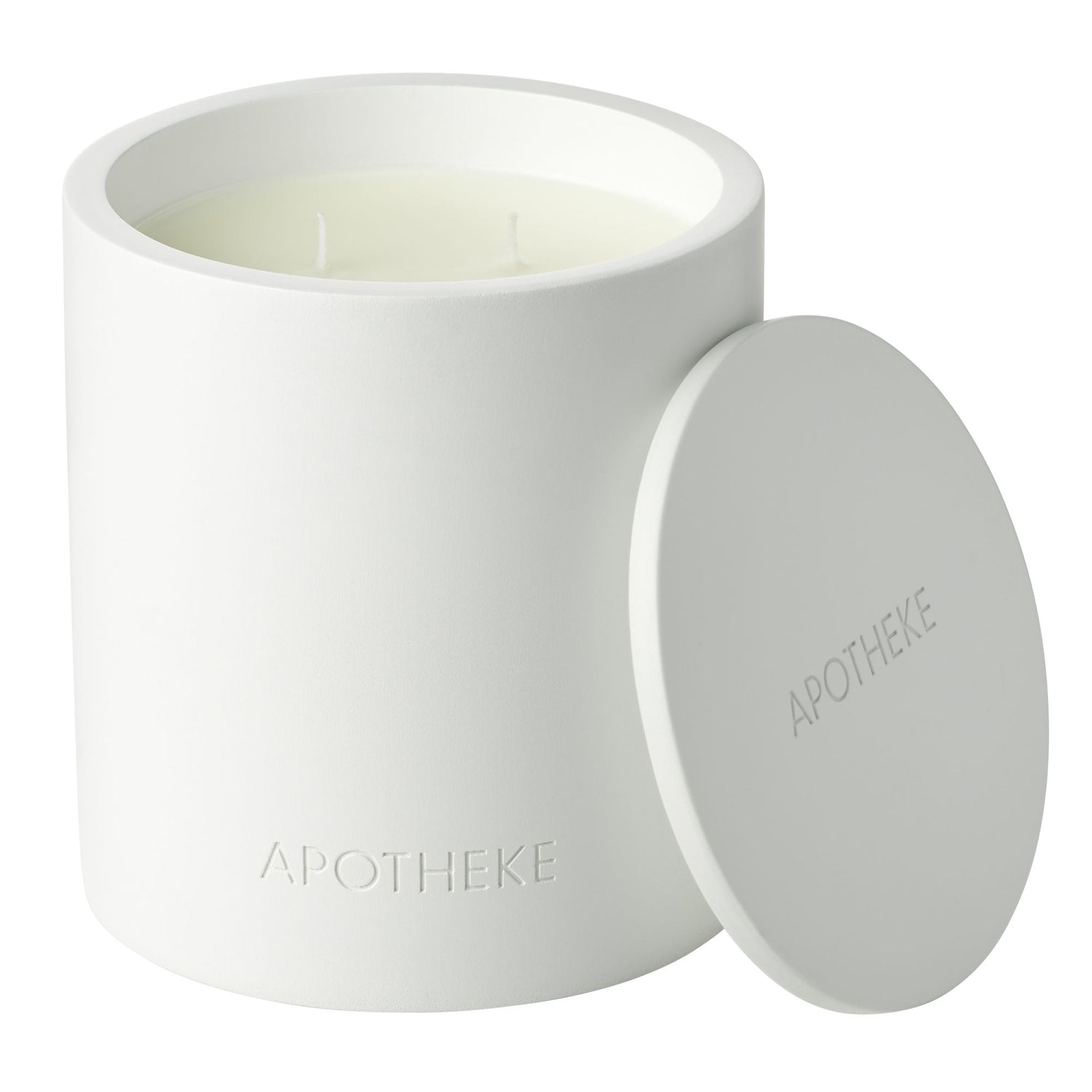 Image of an open Apotheke Holy Basil and Rosewater 2-Wick Concrete Candle