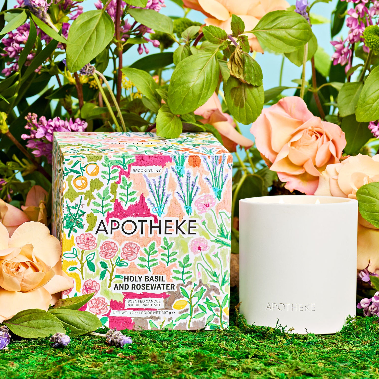 Lifestyle image of Apotheke Holy Basil and Rosewater 2-Wick Concrete Candle