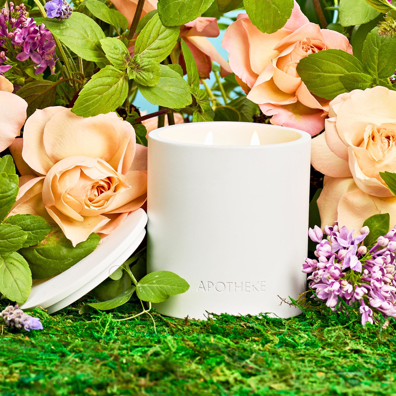 Lifestyle image of Apotheke Holy Basil and Rosewater 2-Wick Concrete Candle