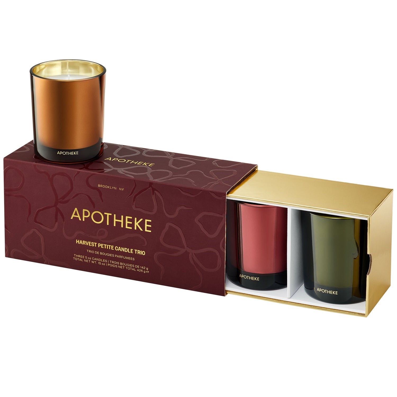 Image of an open Apotheke Harvest Petite Scented Candle Trio (Limited Edition)