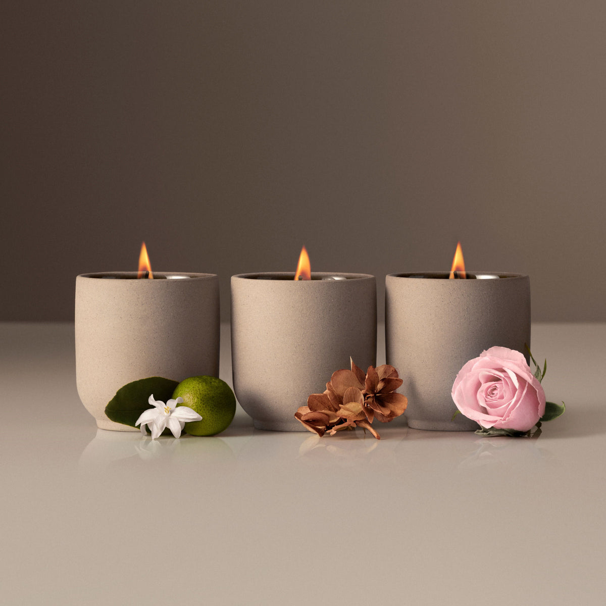 Homecourt Candle Discovery Set (Limited Edition) featuring three scented votives in neutral-toned ceramic vessels, arranged with a lime, a blossom, dried petals, and a pink rose.
