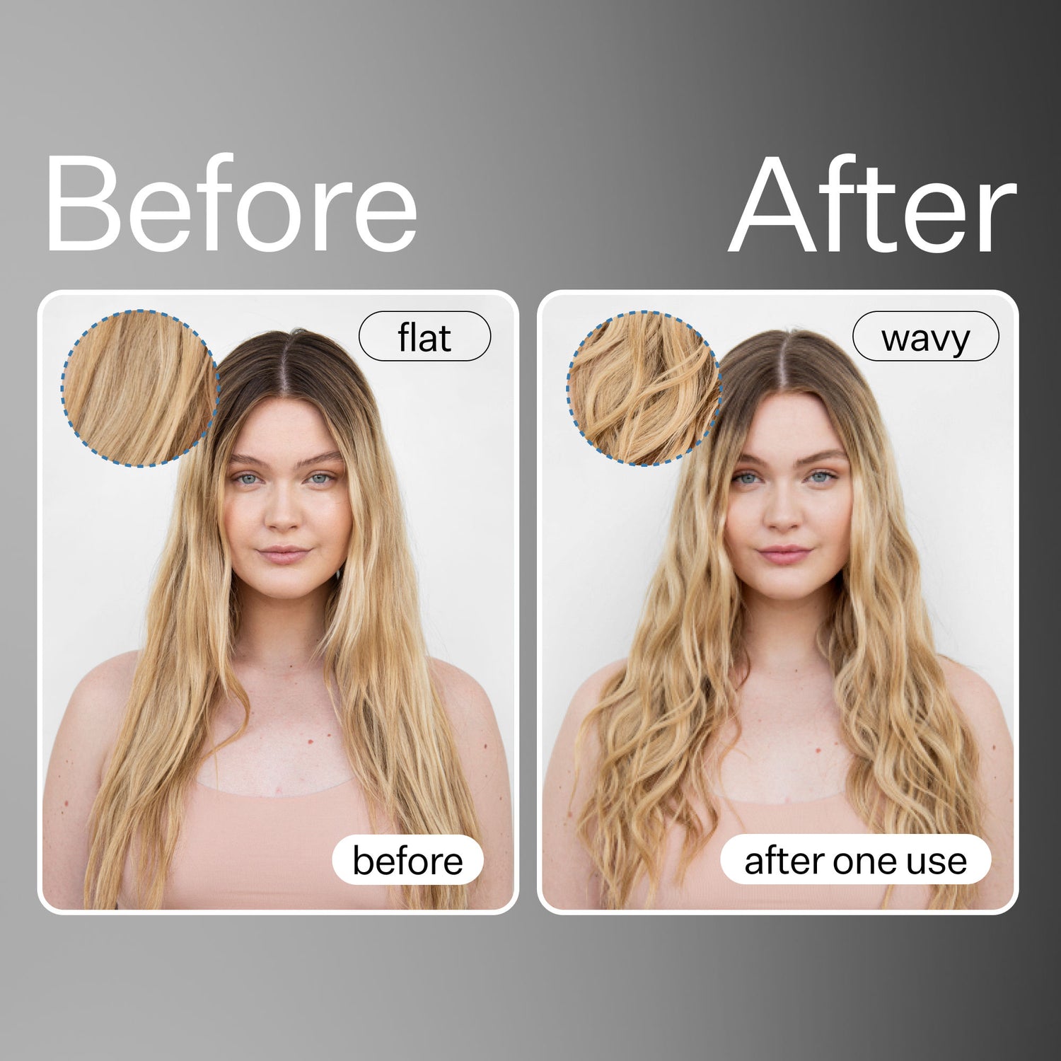 Before and after results of using Act+Acre Cold Processed Curl Spray