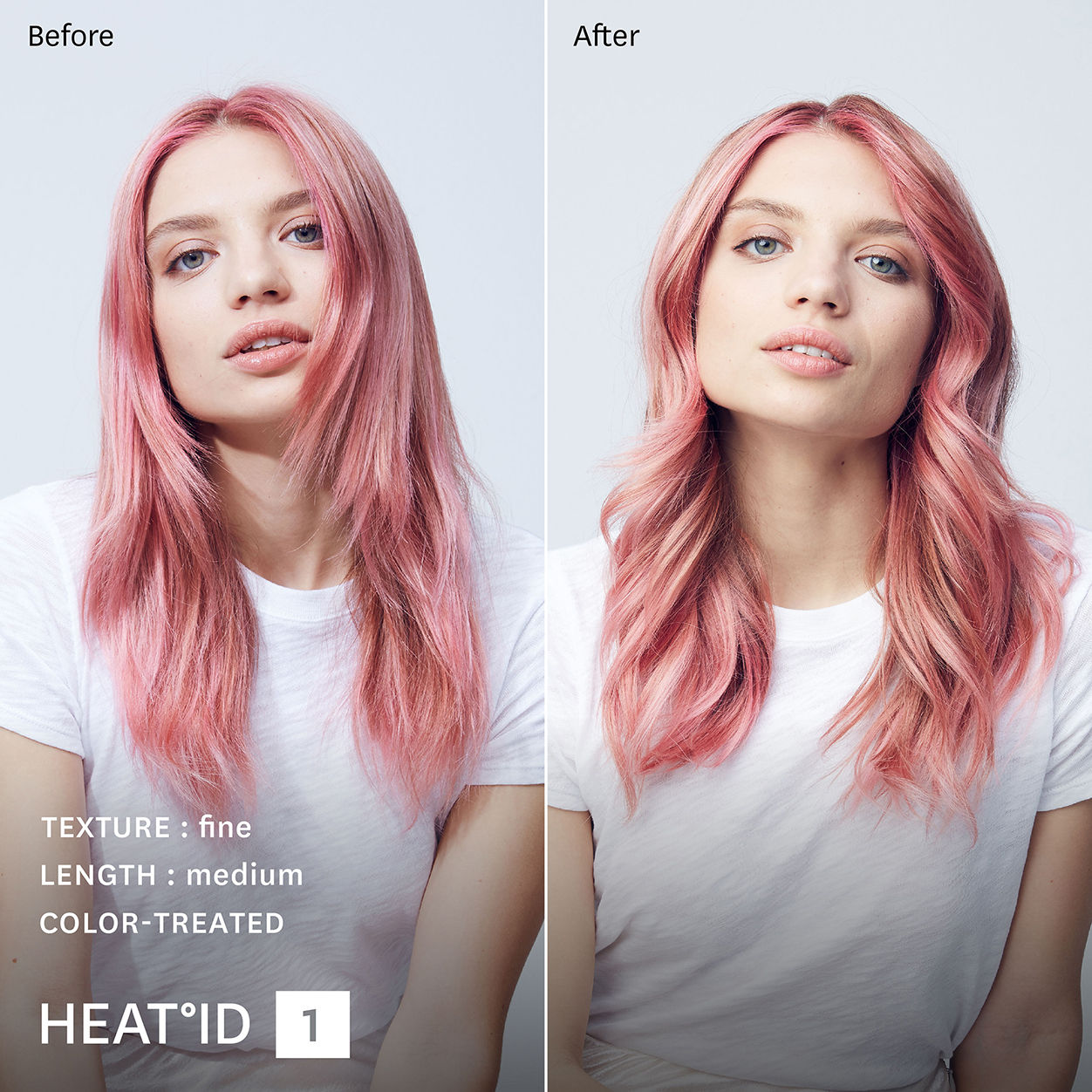 Before and after results of using T3 Curl ID 1.25” Smart Curling Iron With Interactive Touch Interface