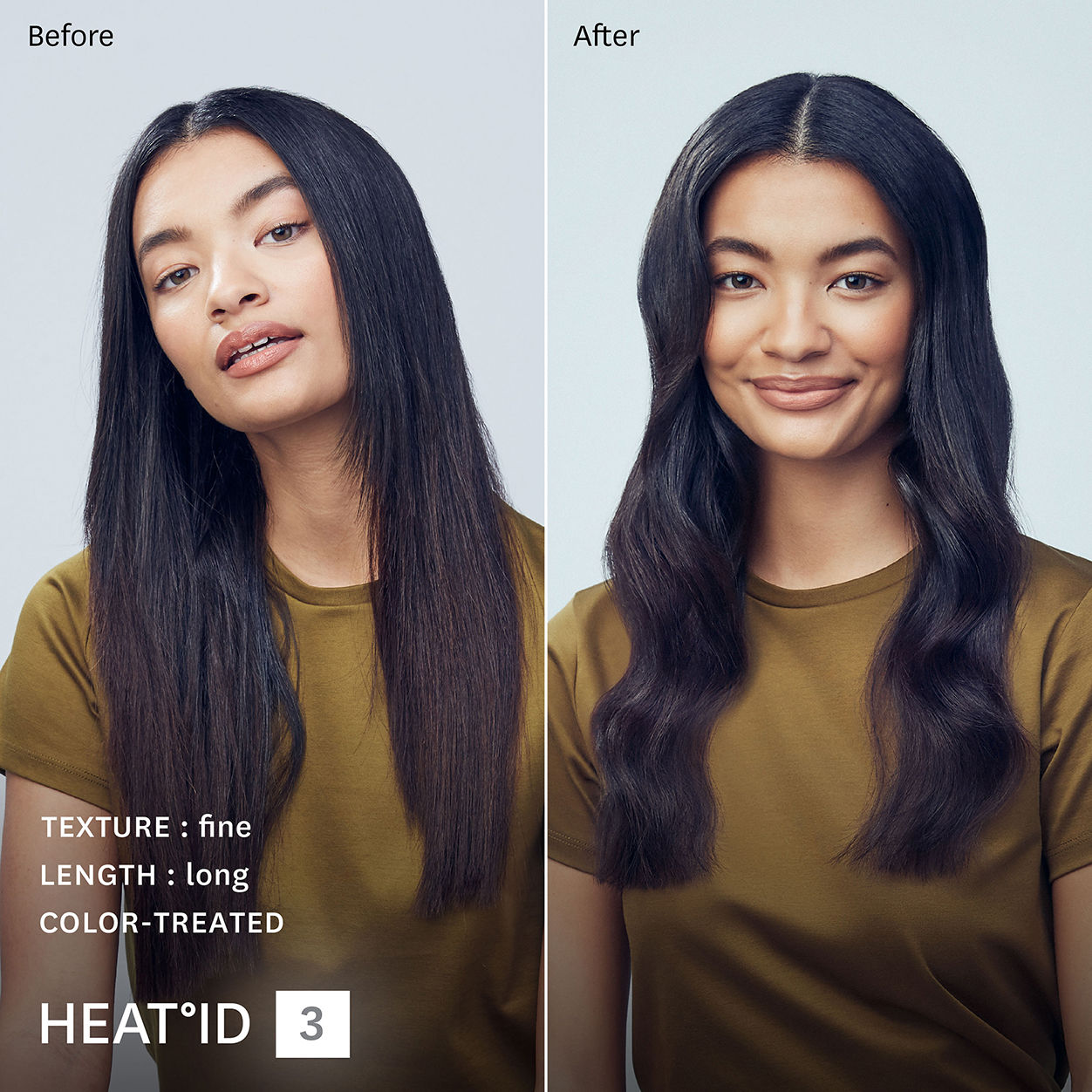 Before and after results of using T3 Curl ID 1.25” Smart Curling Iron With Interactive Touch Interface
