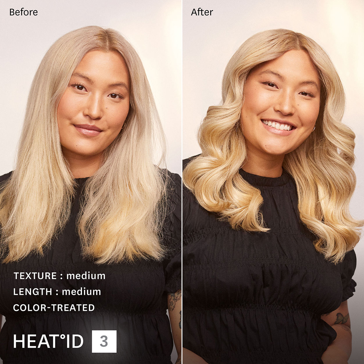 Before and after results of using T3 Curl ID 1.25” Smart Curling Iron With Interactive Touch Interface