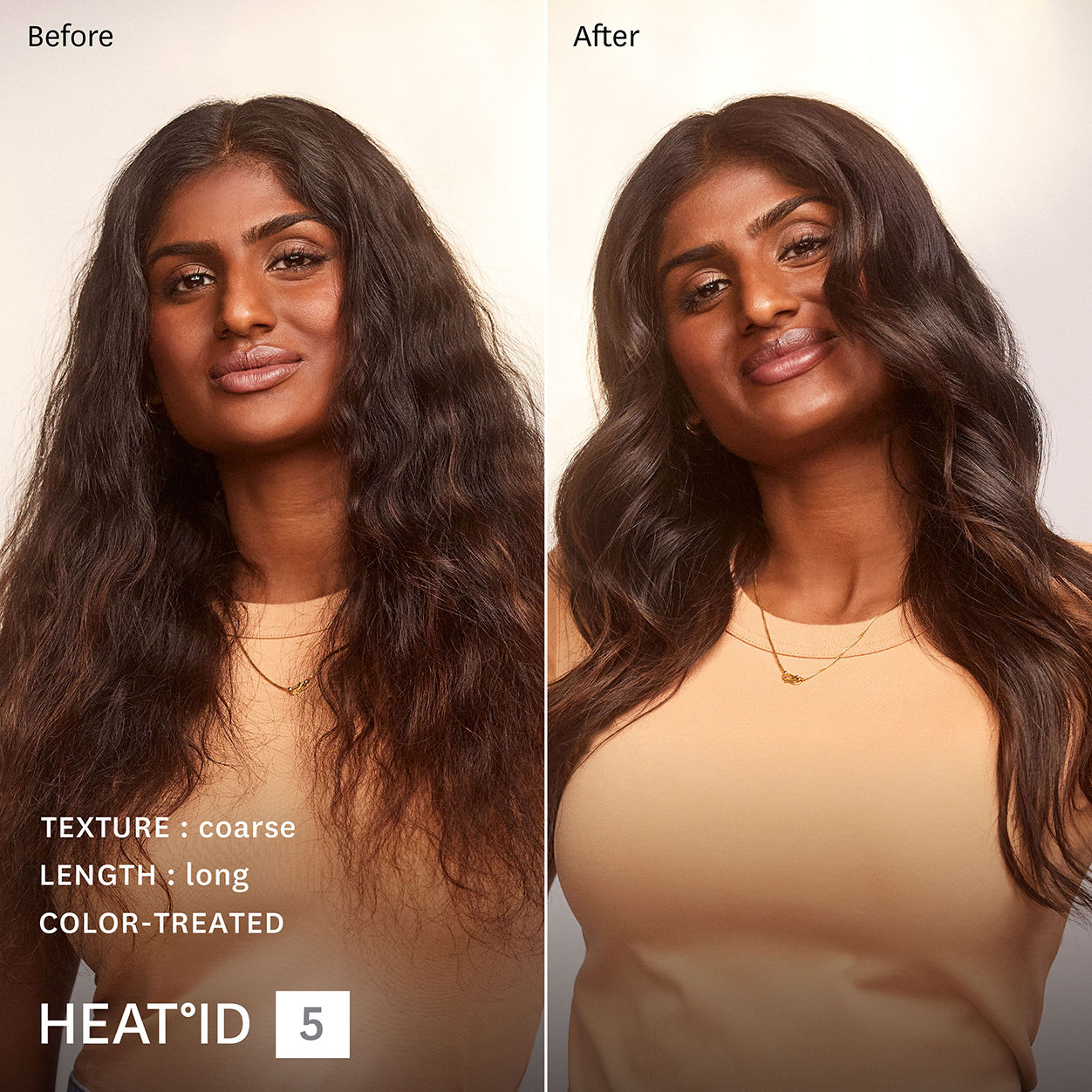 Before and after results of using T3 Curl ID 1.25” Smart Curling Iron With Interactive Touch Interface
