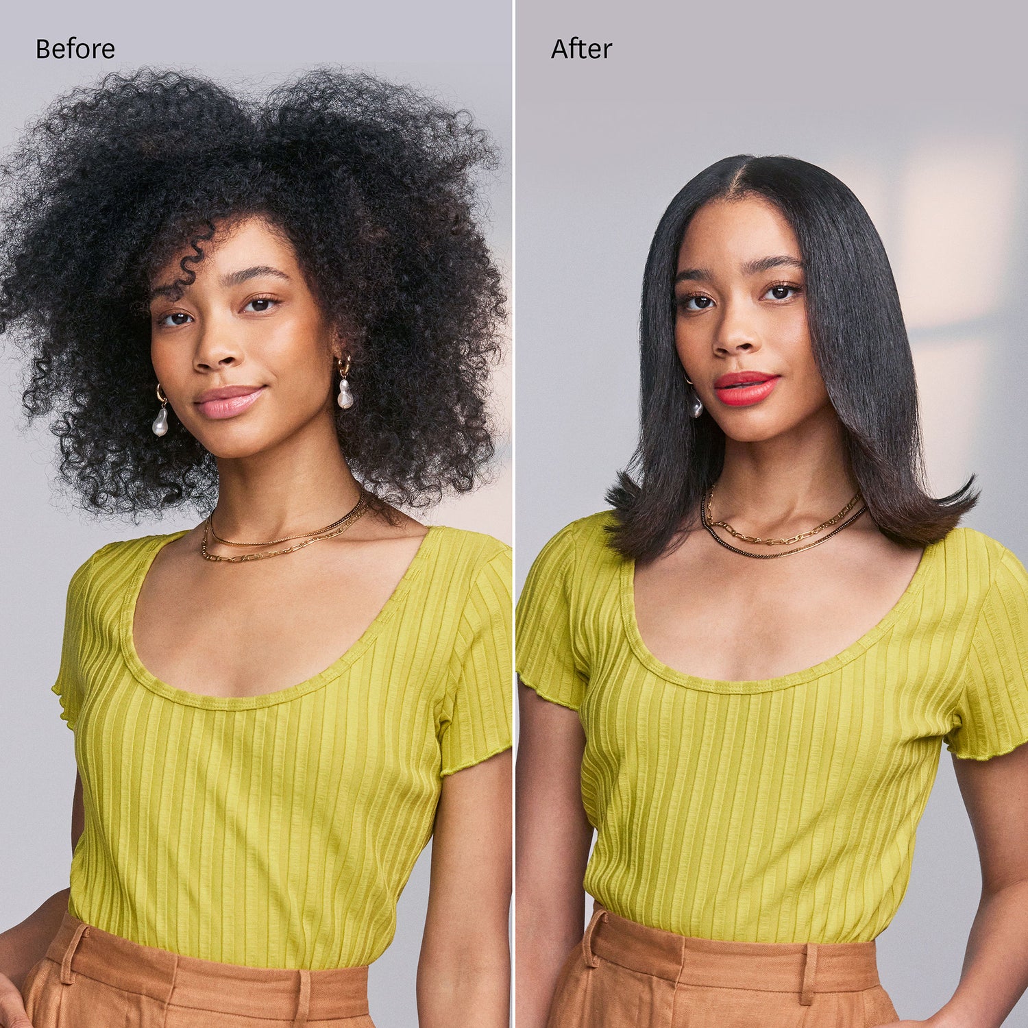 Before and after results of using T3 Lucea 1.5” Professional Straightening and Styling Iron