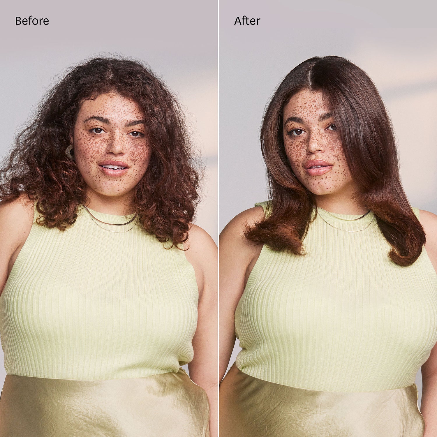 Before and after results of using T3 Lucea 1.5” Professional Straightening and Styling Iron