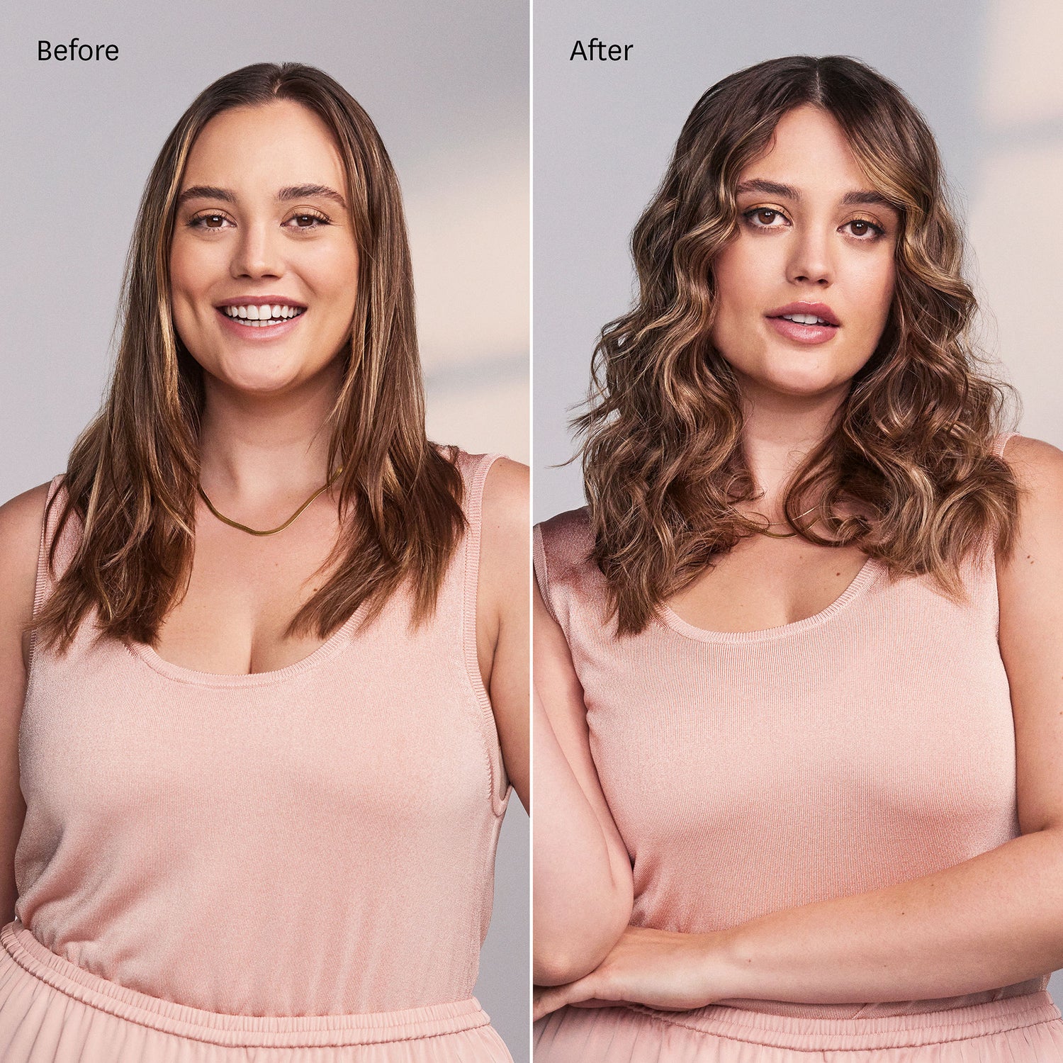 Before and after results of using T3 SinglePass Curl 0.75” Professional Curling Iron