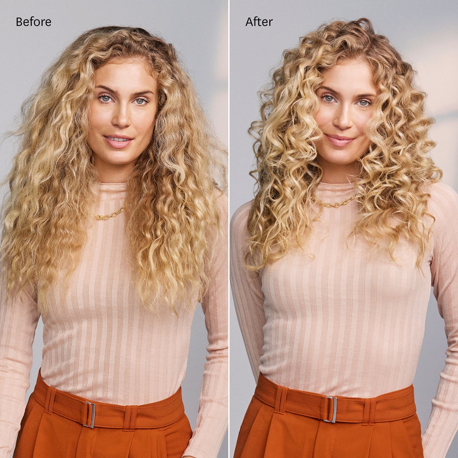 Before and after results of using T3 SinglePass Curl 0.75” Professional Curling Iron