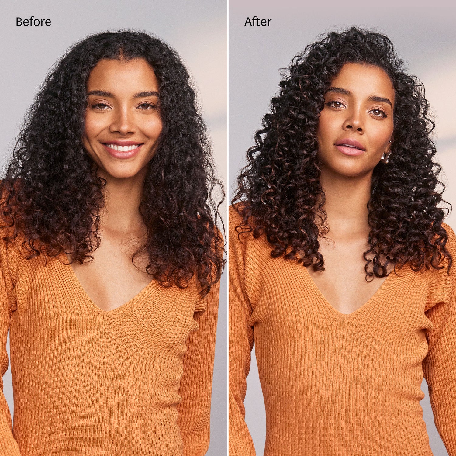Before and after results of using T3 SinglePass Curl 0.5in Professional Curling Iron