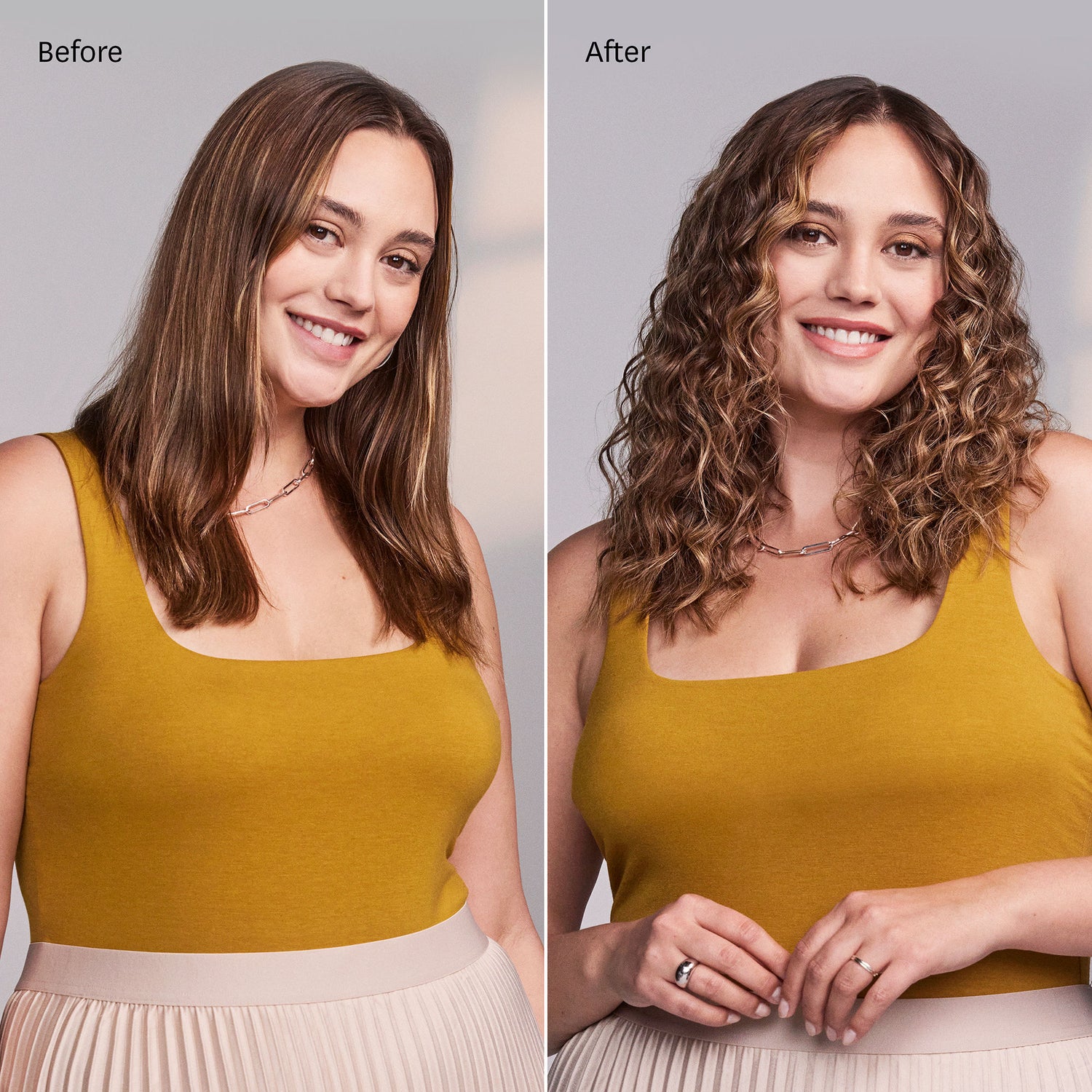 Before and after results of using T3 SinglePass Curl 0.5in Professional Curling Iron