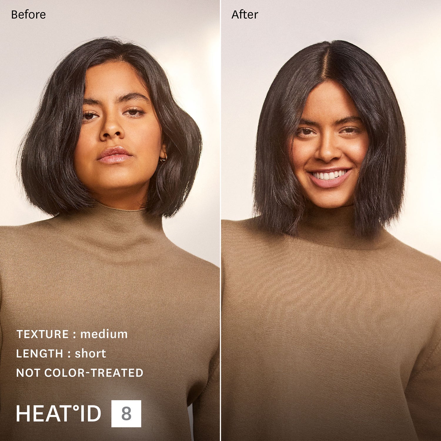 Before and after results of using T3 Smooth ID 1” Smart Flat Iron With Touch Interface