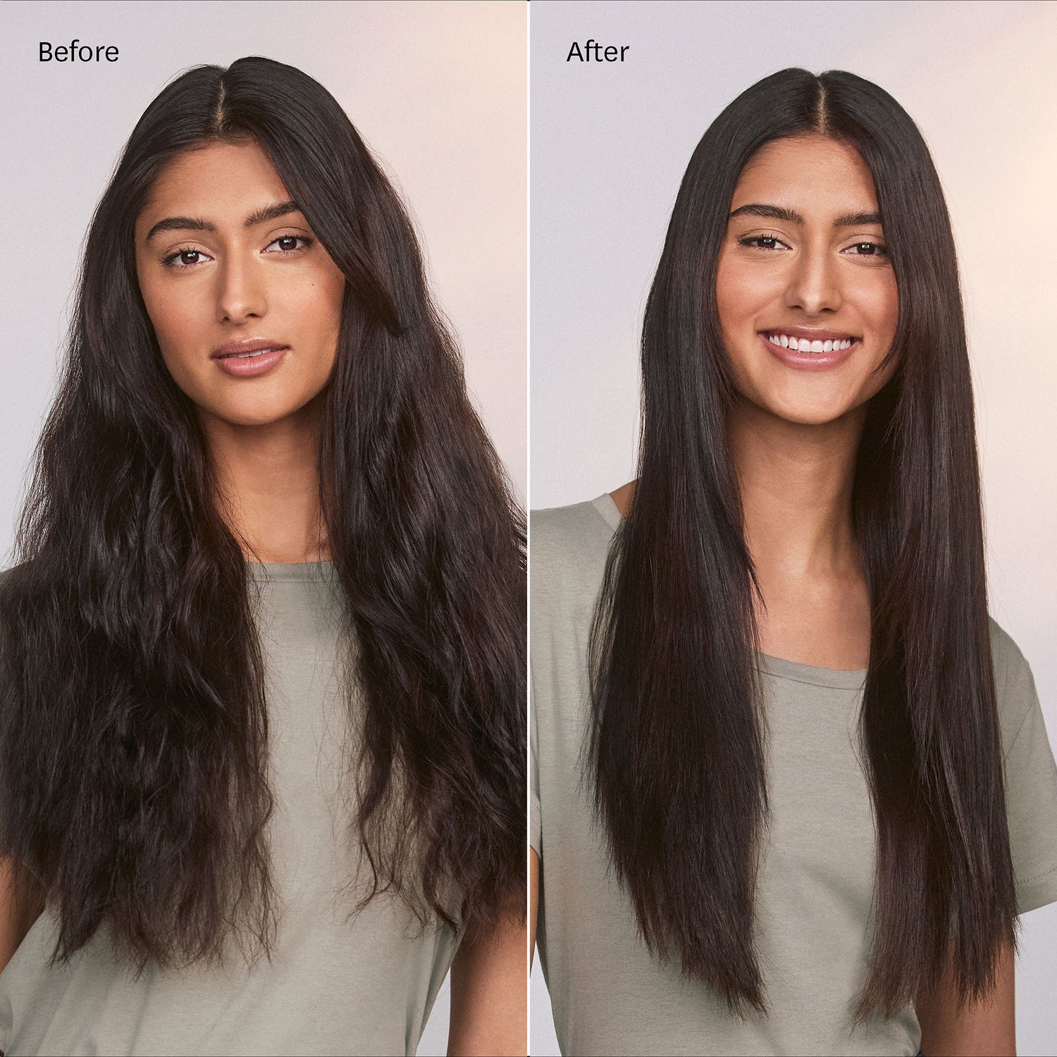 Before and after results of using T3 Single Pass StyleMax Professional 1" Flat Iron with Custom Heat Automation