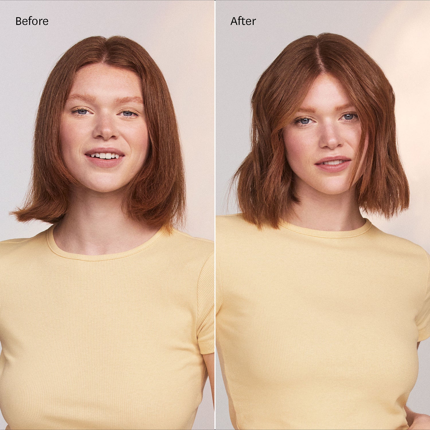 Before and after results of using T3 Single Pass StyleMax Professional 1" Flat Iron with Custom Heat Automation