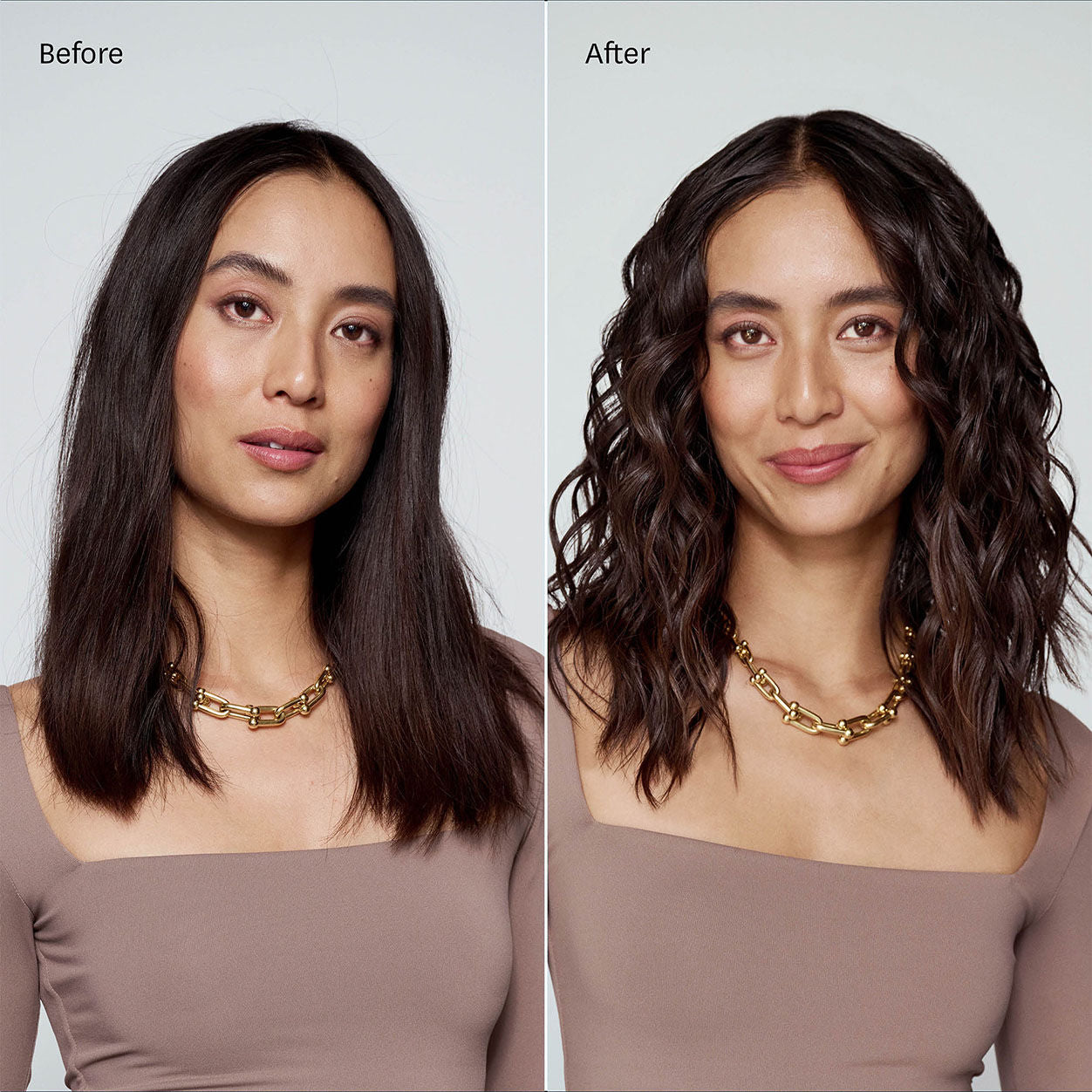 Before and after results of using T3 SinglePass Curl X 1"