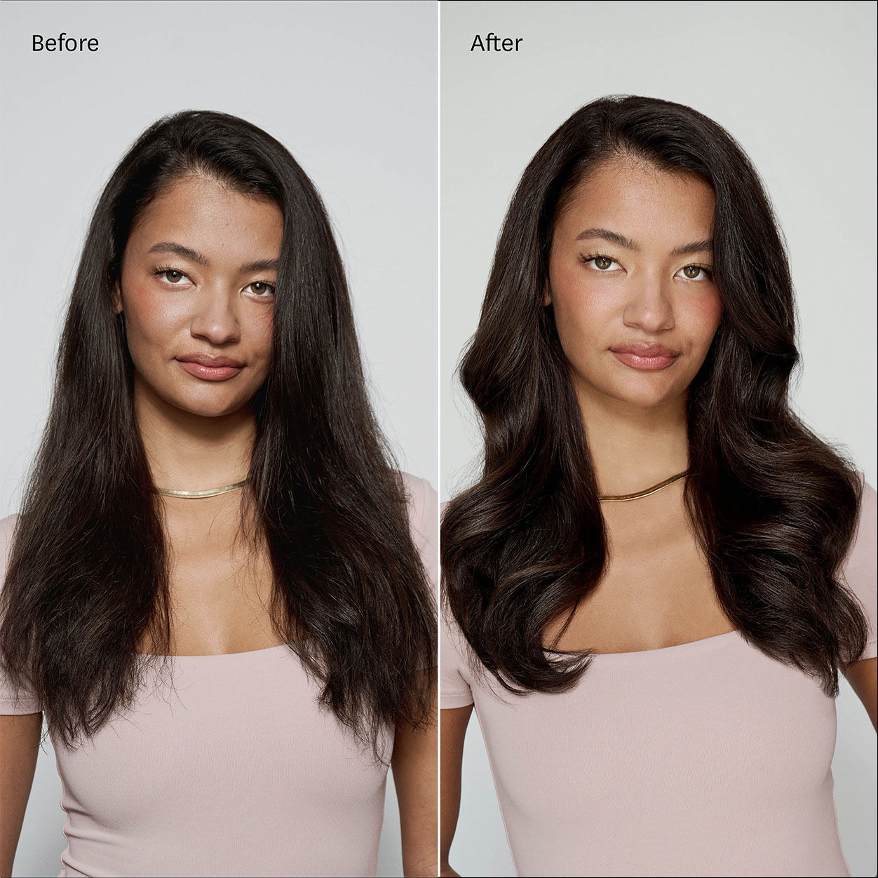 Before and after results of using T3 SinglePass Curl X 1.5"