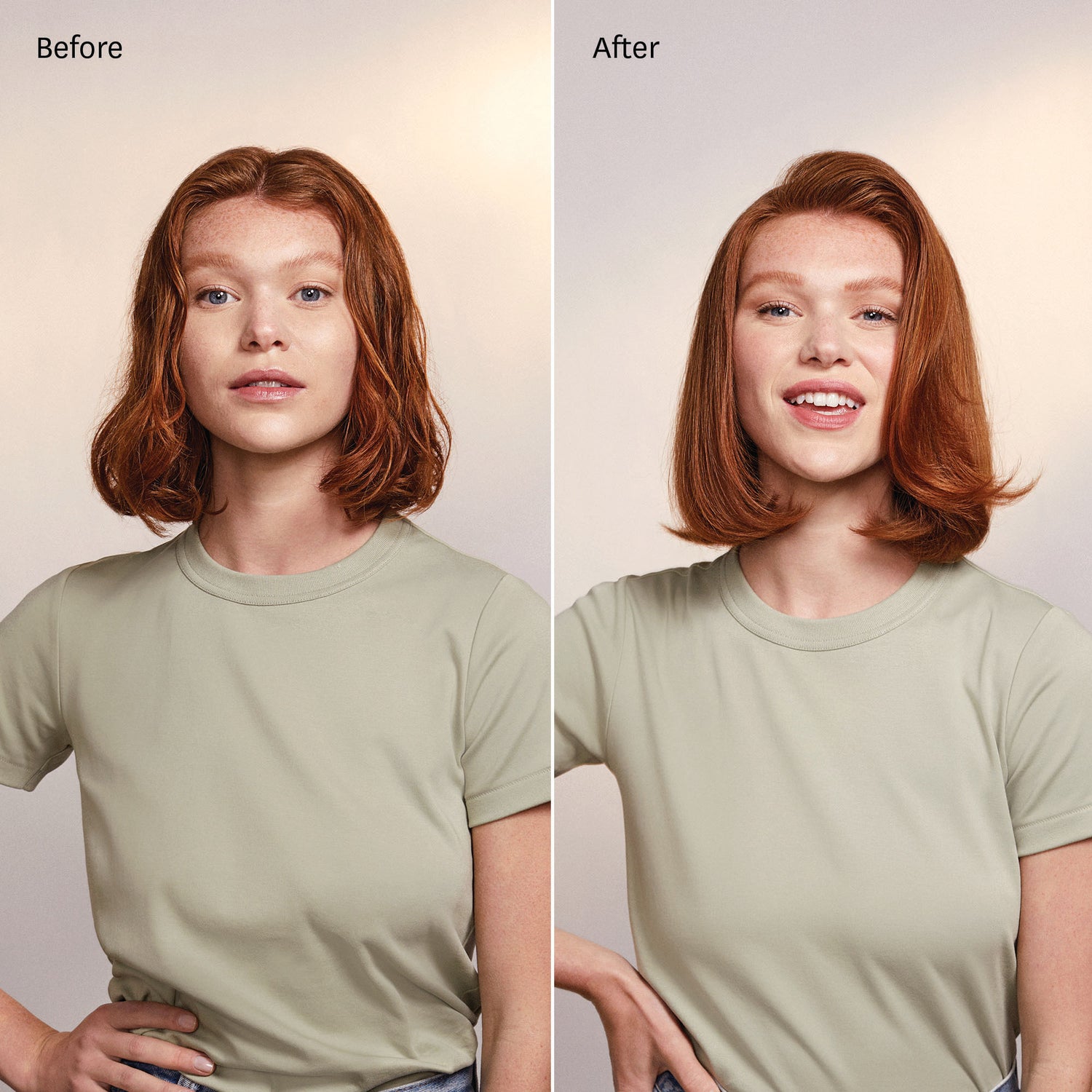 Before and after results of using T3 Airebrush Round 2.5” Brush