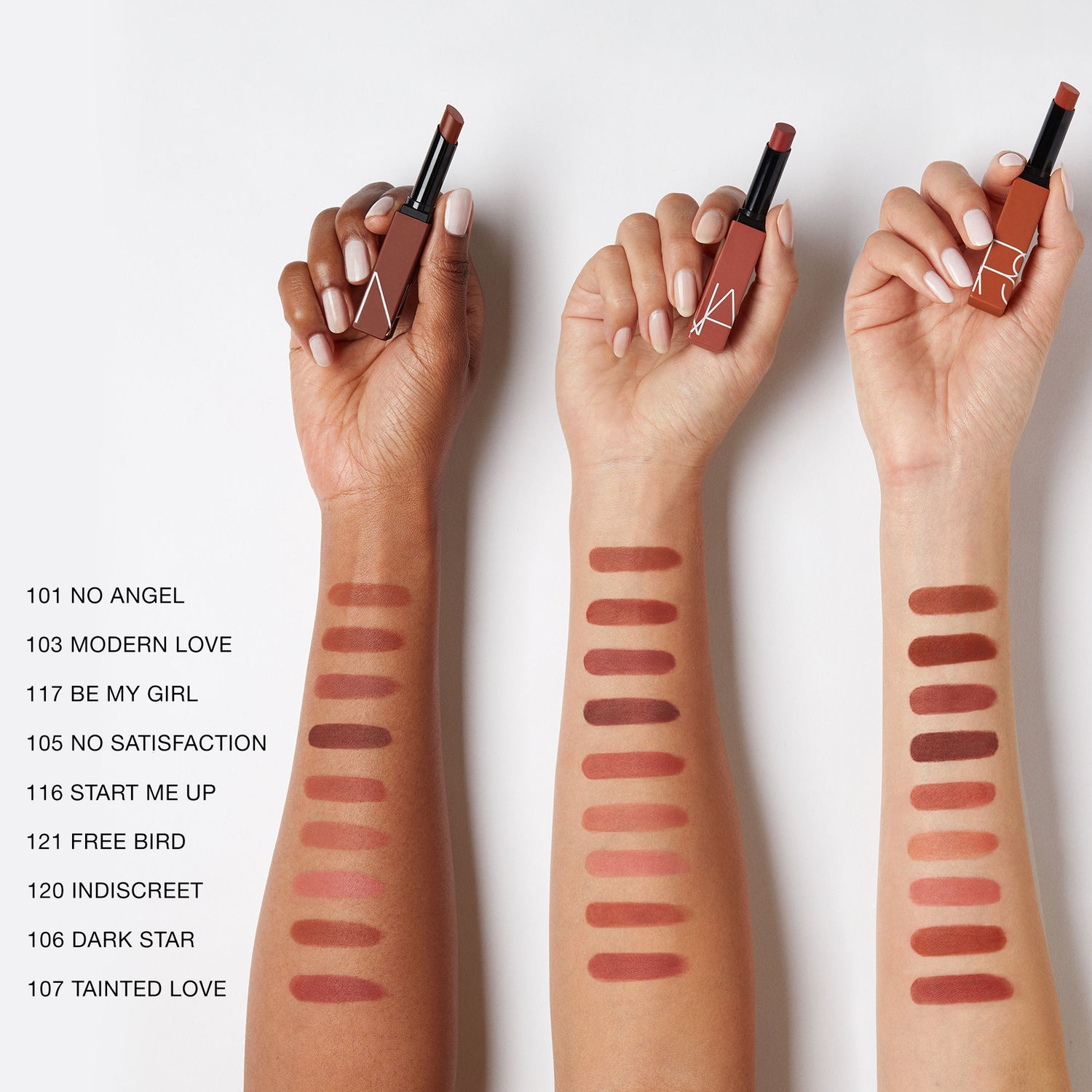 An arm swatch of Nars Powermatte Lipstick variant: Sweet Disposition 100