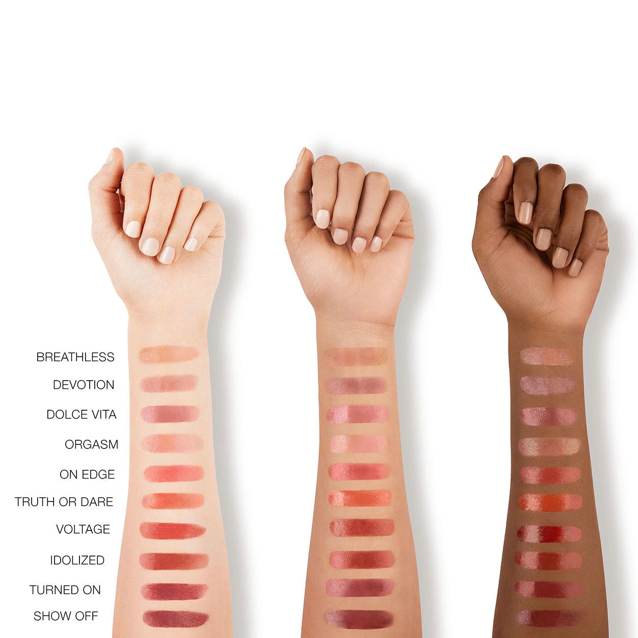 An arm swatch of Nars Afterglow Sensual Shine Lipstick variant: On Edge